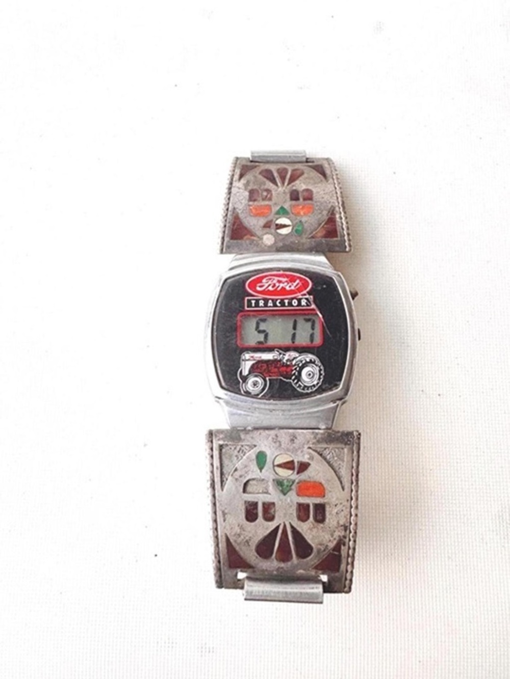 Vintage Ford Tractor Digital Watch Sterling Silver 925 Inlay Gemstone Cuff Band
